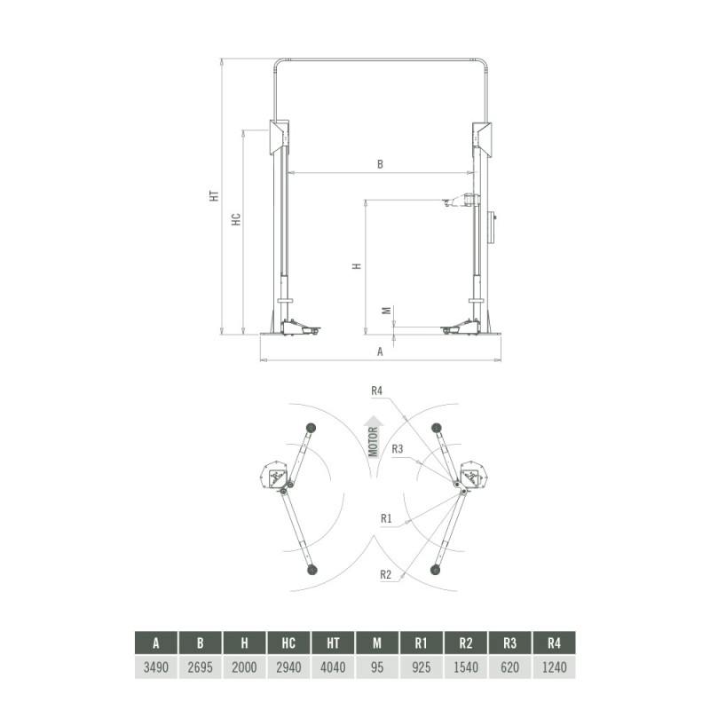 Podnośnik dwukolumnowy bez podstawy, elektromechaniczny o udźwigu 3500 kg. Model 4EC1800